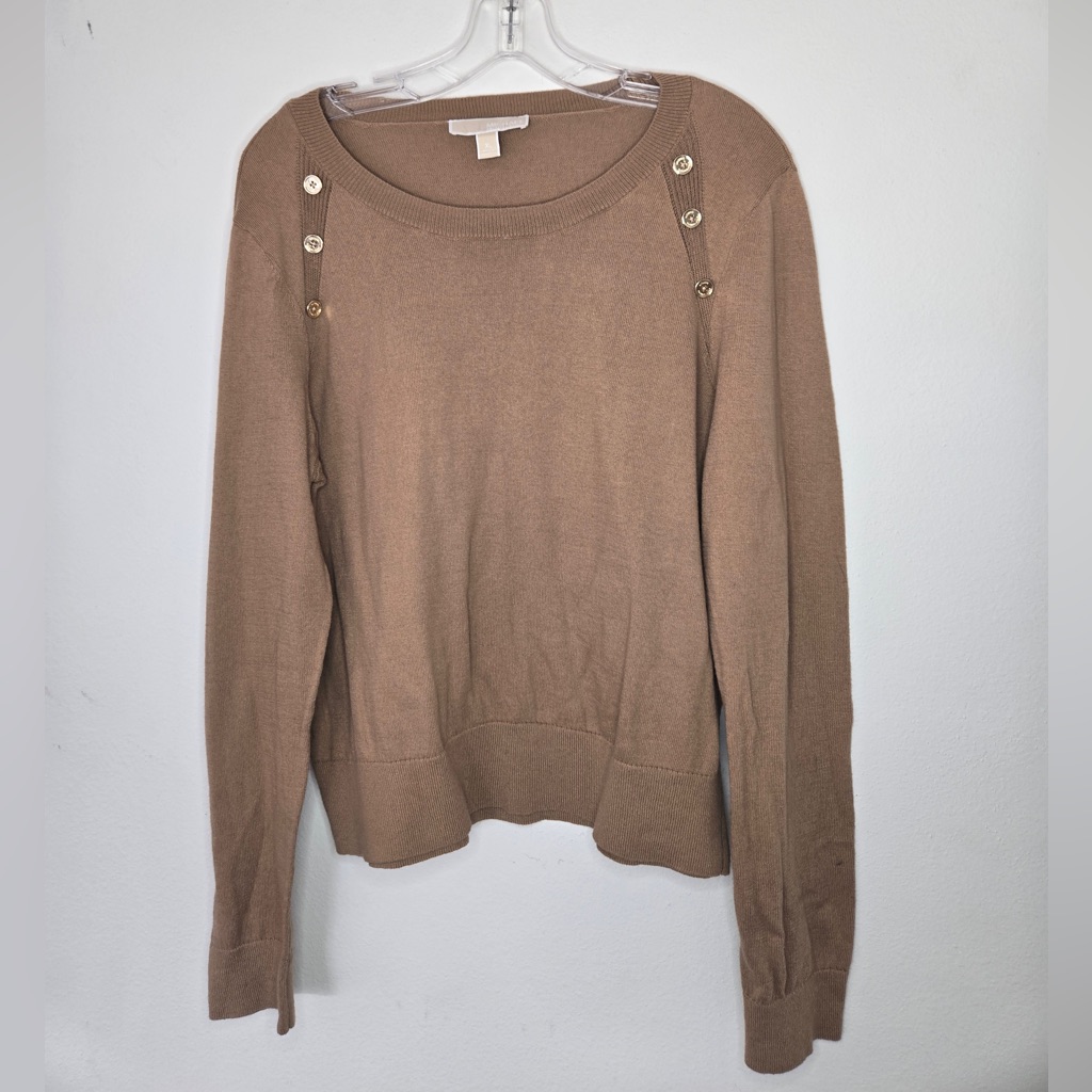 Michael Kors Camel Button Shoulder Sweater Xl | Gold Logo Buttons Lightweight